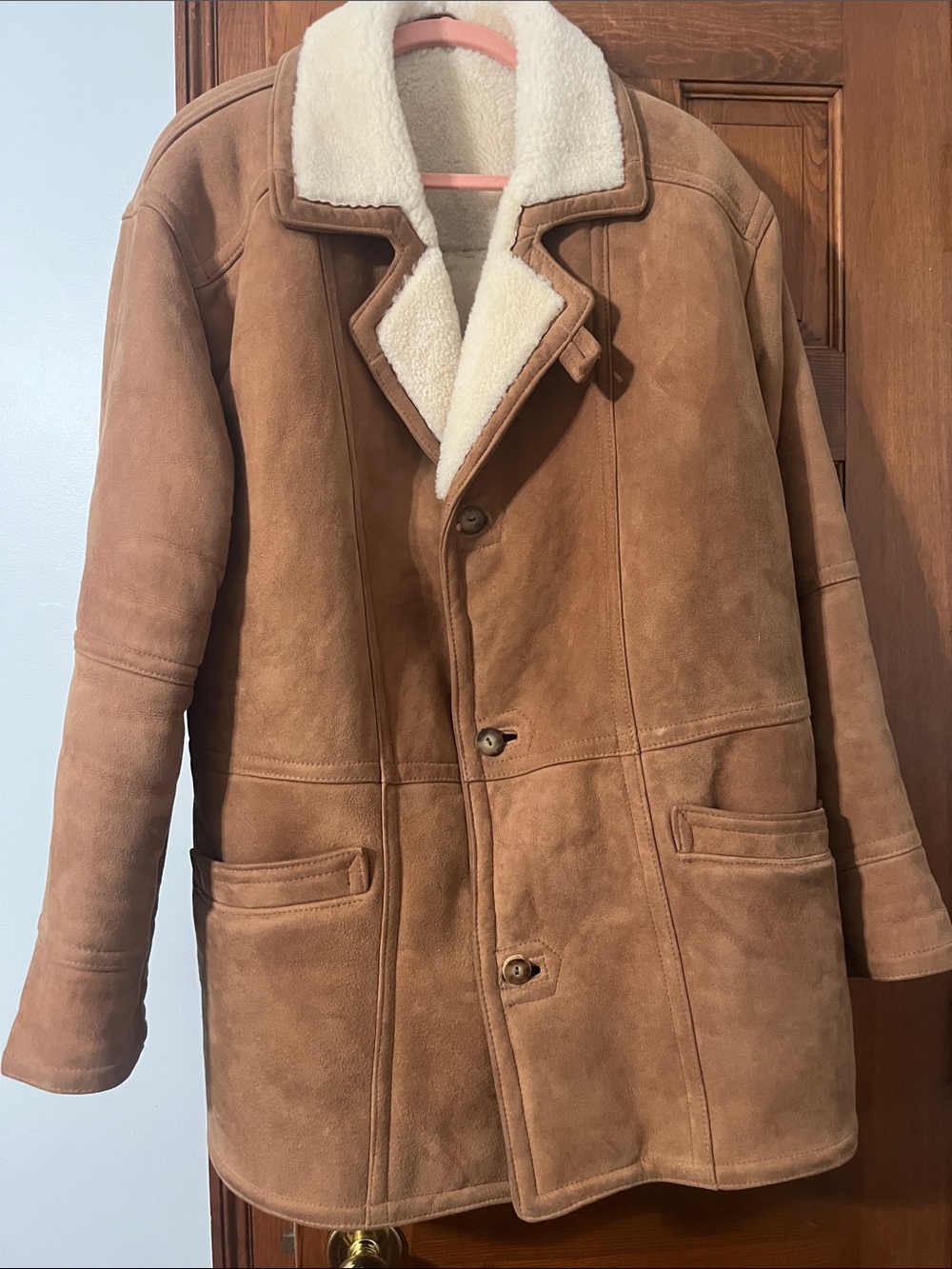 Men's Tan Suede Shearling-Lined Pea Coat